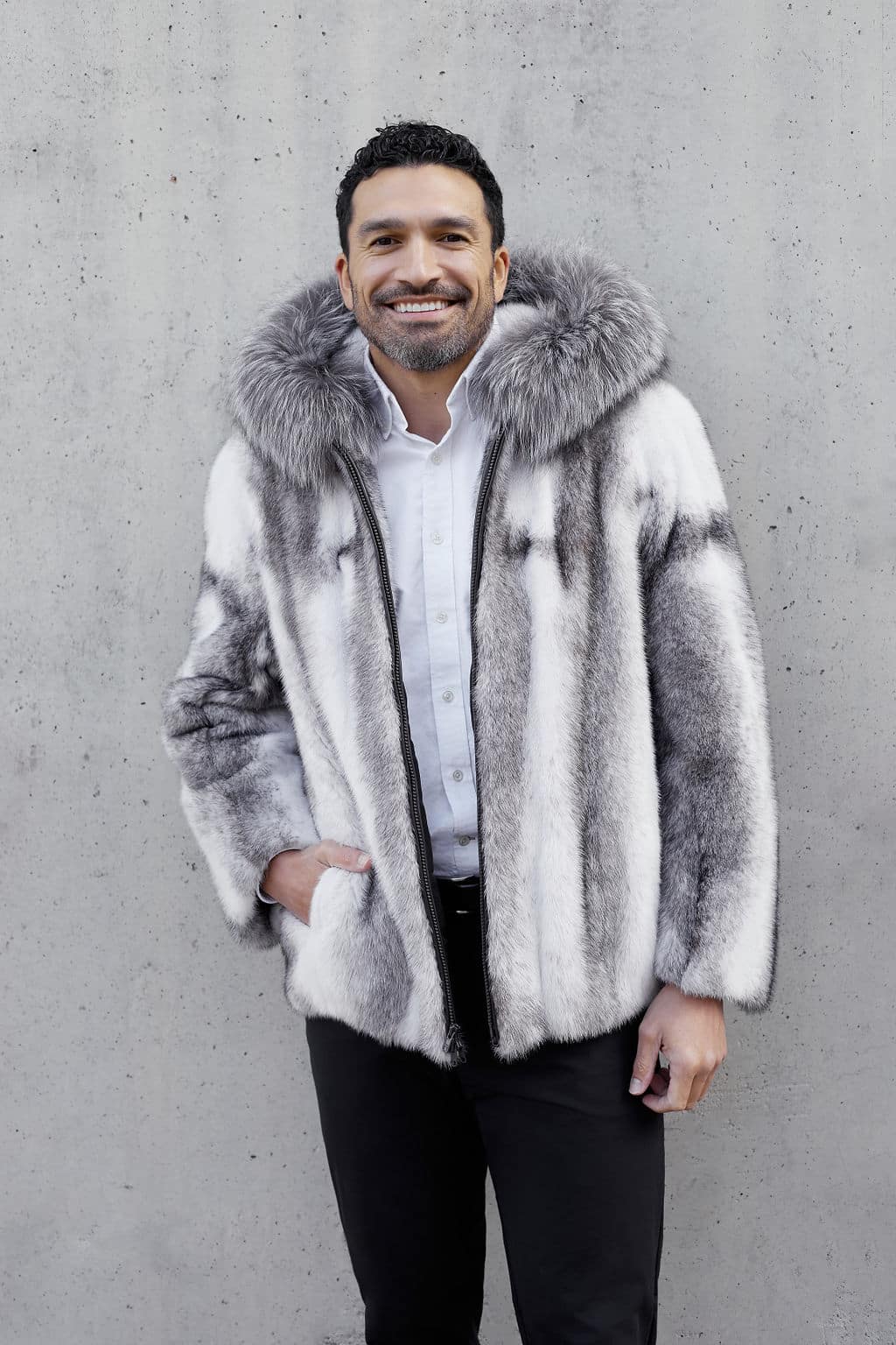 The Oscar Natural Black Cross Mink Parka with Fox Trim - Front